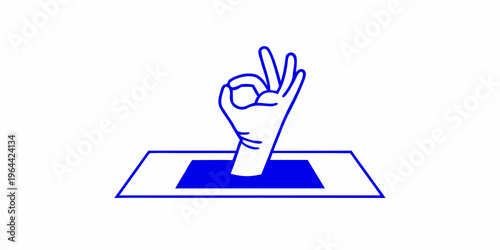 Blue outline of a hand making the ok gesture emerging from a square