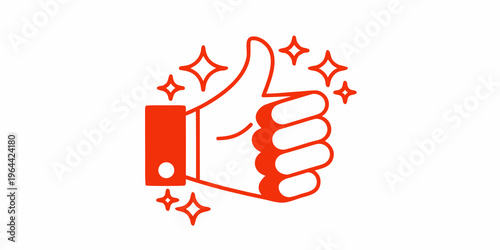A red thumbs up illustration with sparkling star graphics surrounding it