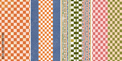 Colorful patterned fabric swatches arranged in a vertical composition