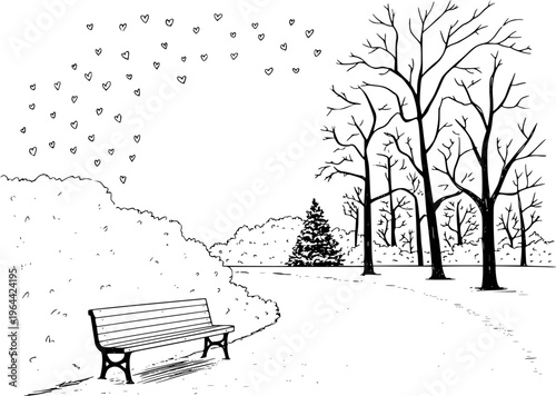 Hand Drawn Winter Park Scene with Empty Bench and Floating Hearts trees