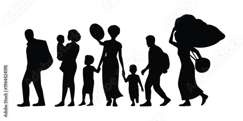 family group walking through city carrying bags and children