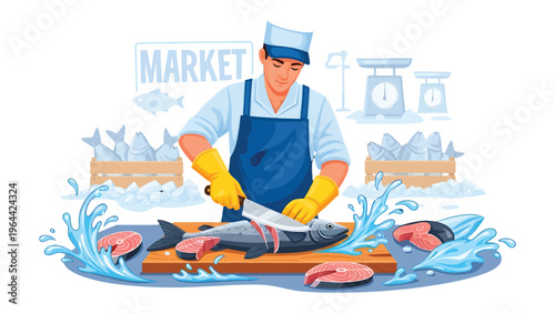 Fishmonger at Work: A skilled fishmonger expertly fillets a fresh fish on a wooden cutting board, surrounded by the sights and sounds of a bustling market environment.