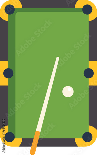 Simple flat design of a pool table with a cue stick and ball on a green surface
