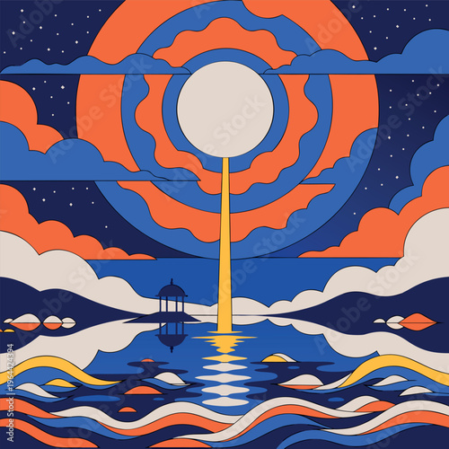 A serene night landscape with a lakeside gazebo, glowing moon, mountains, pine trees, and calm water reflections in a soft, dreamy illustration style.