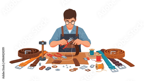 Artisan Craftsmanship: A dedicated artisan meticulously works with leather, crafting belts with precision and skill, showcasing the timeless art of handmade goods.