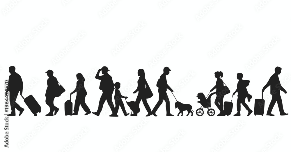 Obraz premium Family walking together with child and dog on sidewalk