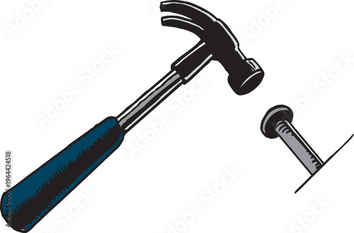 Claw Hammer Hitting a Nail Illustration - Hand-Drawn Construction Tool Graphic