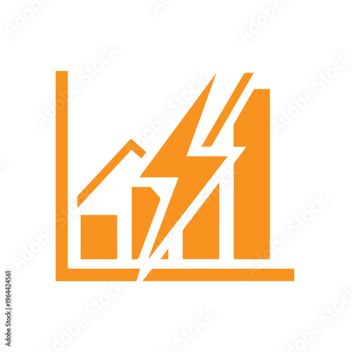 Orange bar graph icon featuring a central lightning strike graphic illustrating market volatility or power consumption changes.