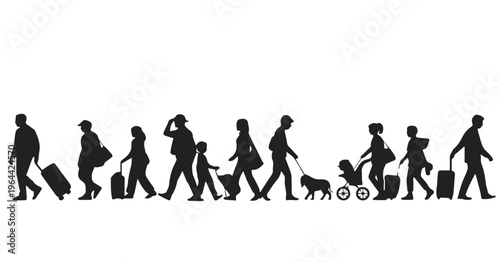 Family walking together with child and dog on sidewalk