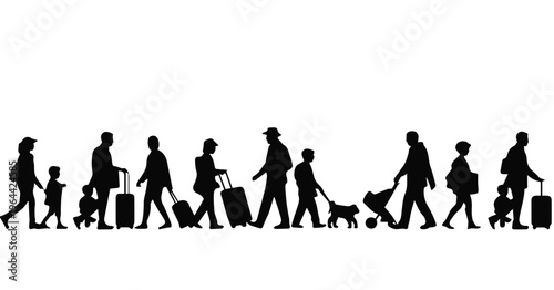 Travelers walking through airport terminal with luggage