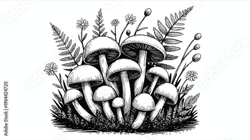 A black and white ink illustration of a cluster of mushrooms growing among ferns and wildflowers 