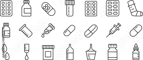 Pharmaceutical dosage forms icon in editable stroke outline, clean flat vector for medicine capsules tablets pills isolated on white background, pixel perfect design.