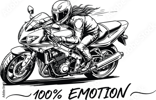 Detailed black and white sketch of a motorcyclist in a racing tuck position with "100% Emotion" text below.