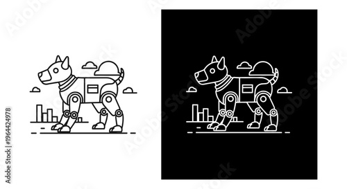 Futuristic robot dog line art vector, mechanical cyborg pet in urban landscape, minimalist black and white robotic animal illustration