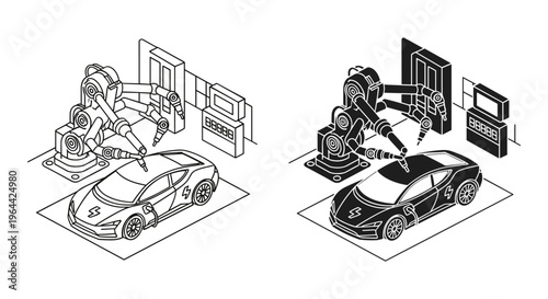 Isometric industrial robot arm assembling electric car, automated vehicle manufacturing line, smart factory robotics vector set