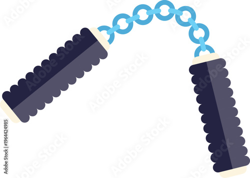 Stylized illustration of martial arts nunchaku weapon with blue chain and black handles