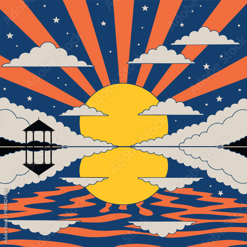 A serene night landscape with a lakeside gazebo, glowing moon, mountains, pine trees, and calm water reflections in a soft, dreamy illustration style.