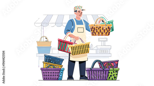 Shopkeeper with Baskets: A market shopkeeper expertly handles an assortment of vibrant baskets, showcasing fresh produce at a local market.