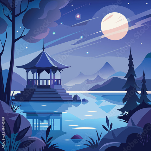 A serene night landscape with a lakeside gazebo, glowing moon, mountains, pine trees, and calm water reflections in a soft, dreamy illustration style.