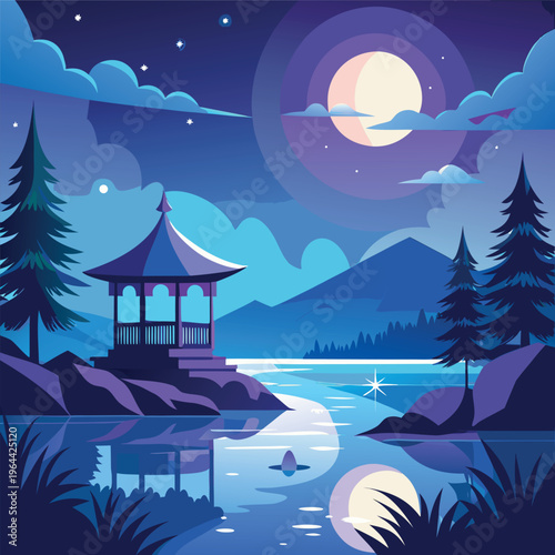 A serene night landscape with a lakeside gazebo, glowing moon, mountains, pine trees, and calm water reflections in a soft, dreamy illustration style.