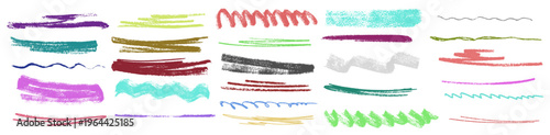 カラフルでラフな質感の手描きブラシストロークコレクション（クレヨン風・チョーク風の多彩な線素材セット）