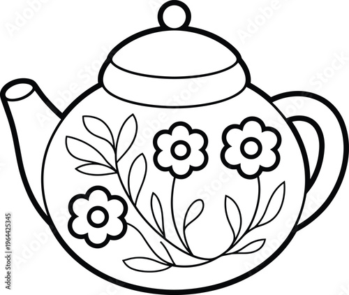 Floral teapot line art illustration with decorative flowers vintage kitchen teaware design for coloring book and home decor