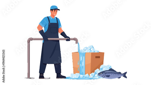 Fishmonger at Work: A diligent fishmonger carefully pours water over a box of ice and a fresh fish, ensuring the preservation of quality and freshness in the industry.