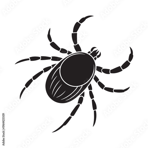 A black silhouette of a tick displaying its eight legs and body shape