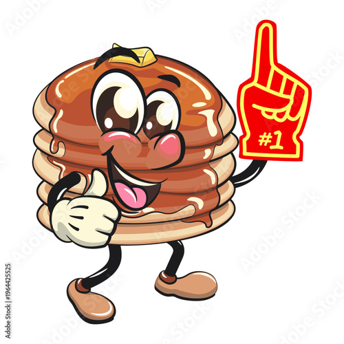 funny pancake stack cartoon mascot with syrup and butter breakfast food vector raise foam finger, work of hand drawn