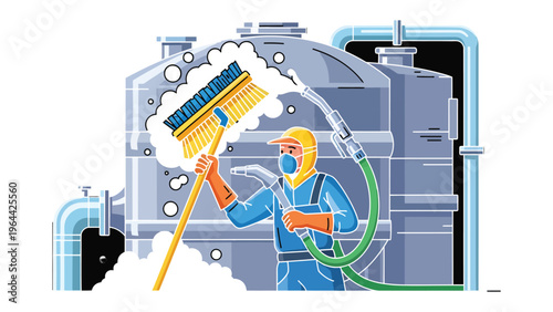 Industrial Sanitation: A diligent sanitation worker meticulously cleans industrial machinery with a spray gun and brush. The scene showcases industrial hygiene, and workplace safety.