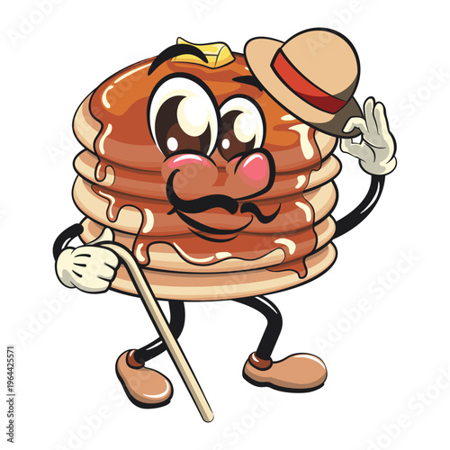 funny pancake stack cartoon mascot with syrup and butter breakfast food vector carrying a stick and saluting with raised hat, work of hand drawn