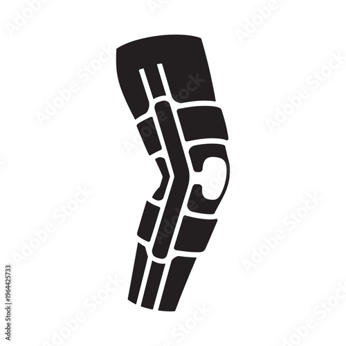 A stylized black silhouette of a human knee joint and protective gear