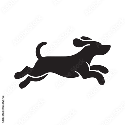 Black silhouette of a dog running fast to the right side