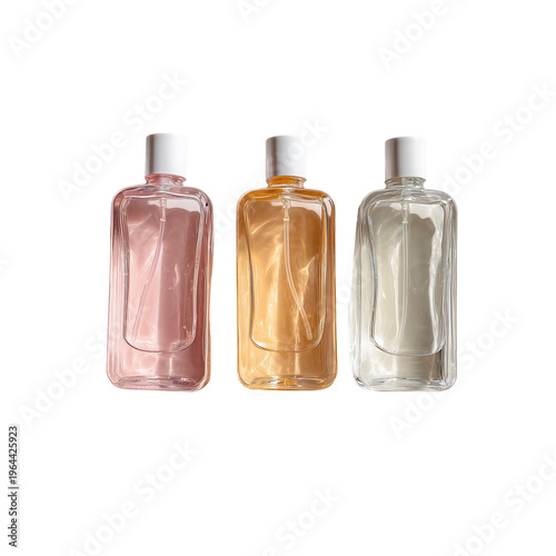Trio of skincare toner bottles arranged symmetrically isolated on transparent background