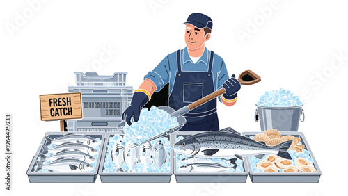 Fisherman's Bounty: A seasoned fisherman, standing proudly behind his display, showcases the freshness of his daily catch. Featuring an array of gleaming fish, preserved perfectly on ice.