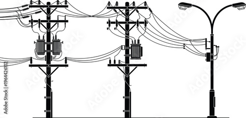 Detailed black and white silhouette vector illustration of utility electric power poles with transformers high voltage distribution lines messy overhead cables and a modern street light