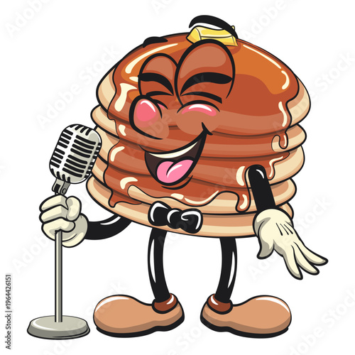 funny pancake stack cartoon mascot with syrup and butter breakfast food vector on front of the mic, work of hand drawn