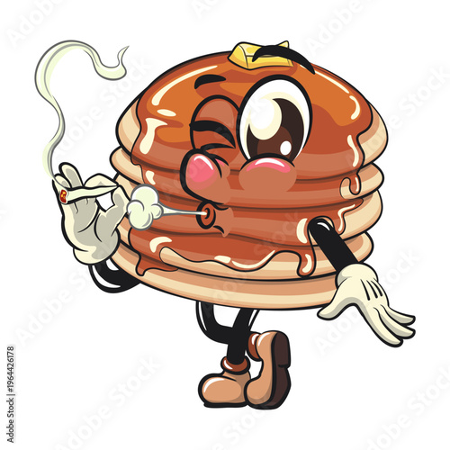 funny pancake stack cartoon mascot with syrup and butter breakfast food vector smoke calmly, work of hand drawn