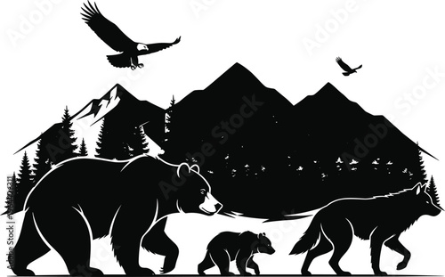 Black and White Nature Silhouette of Bears Wolves and Eagles in a Mountain Forest Landscape for Wilderness Adventure Travel and Great Outdoors Graphic Design