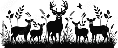 Black Silhouette Vector of a Majestic Buck and Deer Family Grazing in Tall Meadow Grass with Flying Bird and Botanical Foliage Elements on White