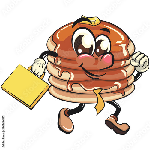 funny pancake stack cartoon mascot with syrup and butter breakfast food vector with a suitcase rushing to the office, work of hand drawn