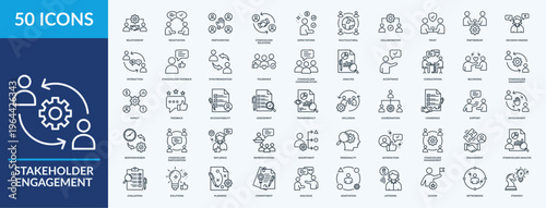 Stakeholder Engagement - Icon Collection. Thin Outline Set contains such Icons as collaboration, feedback, multicultural and more. Simple web icons set