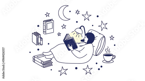 Cozy Night Reading: Illustration of an individual engrossed in a book beneath the gentle glow of a bedside lamp. Surrounded by the serene ambiance of a starry night.
