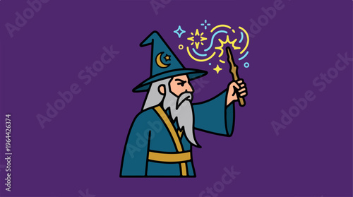 Cartoon wizard with magic wand.