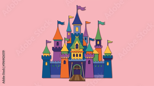 Colorful cartoon castle towers high.