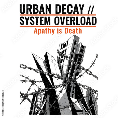 Urban decay and barbed wire over buildings, isolated on transparent background
