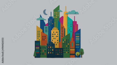 Colorful City Skyline Urban Landscape.