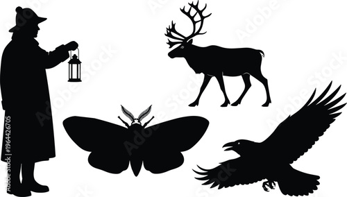 Black silhouette collection featuring a mysterious person holding a lantern, a majestic reindeer with antlers, a large moth, and a flying crow bird isolated.