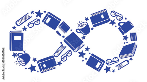 Infinite Reading and Leisure: An artistic illustration depicts the concept of endless reading and relaxation, using an infinity symbol crafted from a collection of books, spectacles, and mugs.