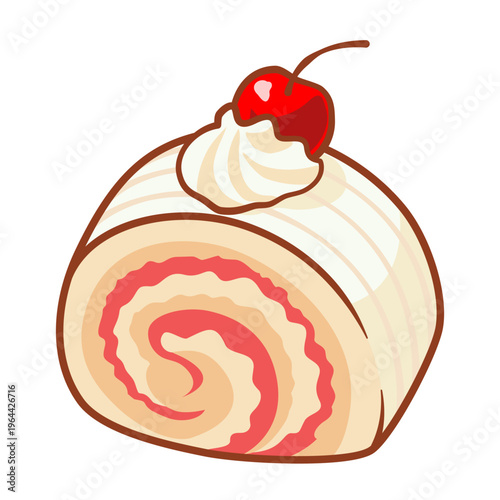 Delicious swiss roll cake with cream filling and cherry topping. Cute and clean dessert illustration perfect for bakery and food design.